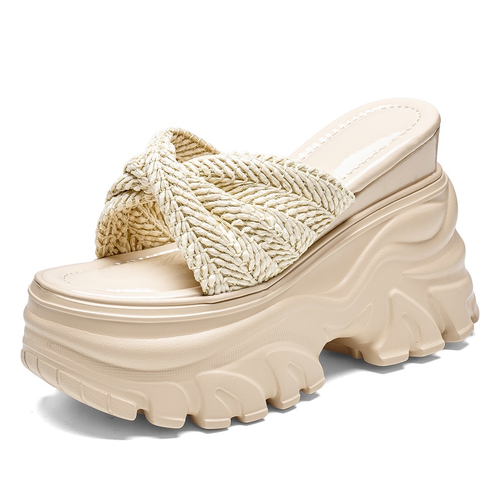12 CM Platform Slides Women Straw Woven Thick Heel Slippers Summer Beach Vacation Casual Comfortable Versatile Slip On Shoes Ladies 60614