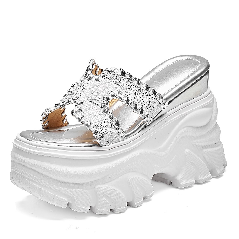 Genuine Leather 12 CM Wedge Platform Women's Sandals Embossed Woven H-Strap Cut Out Open Toe Fashion Summer Versatile Shoes 60614