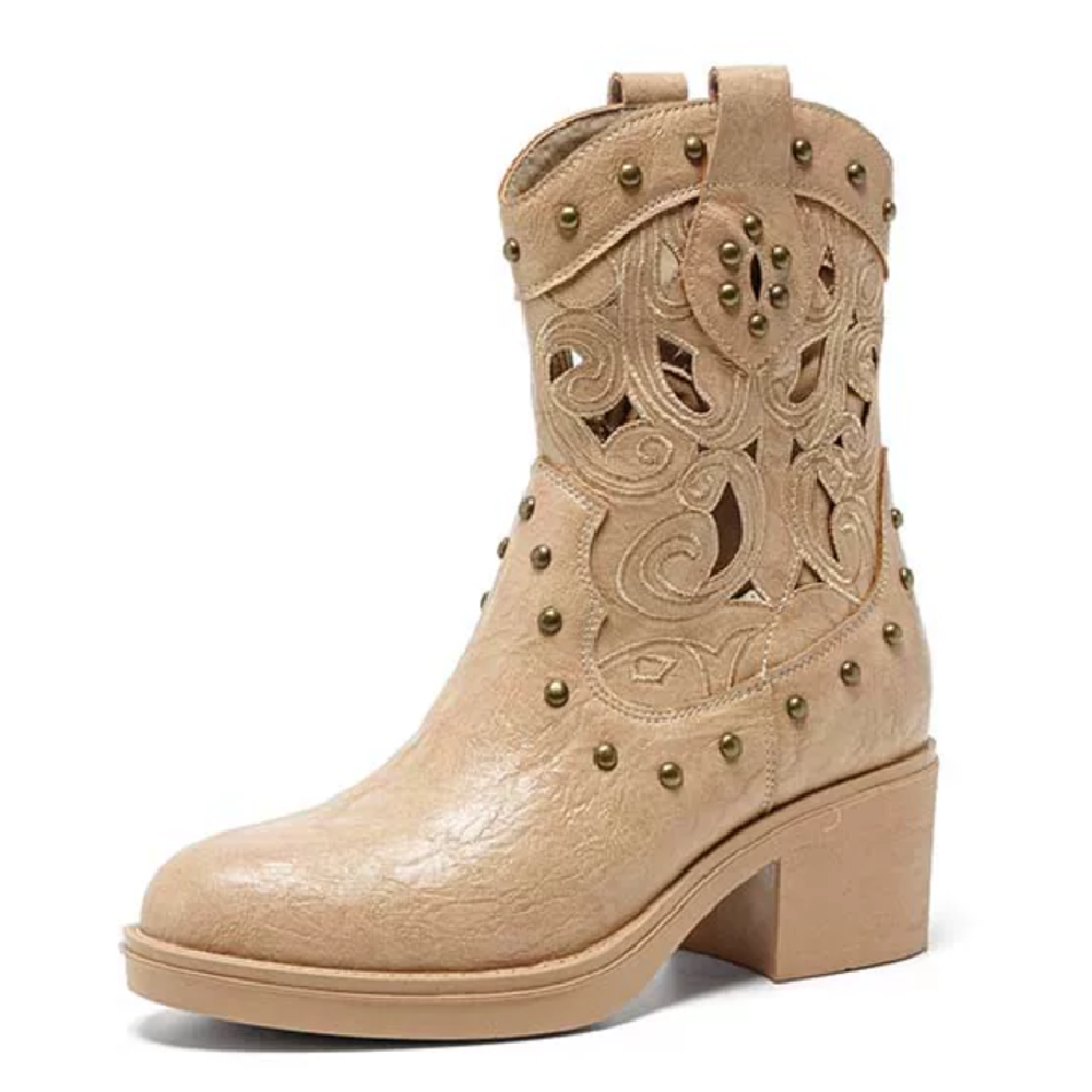 Women's Spring Summer Genuine Leather Cut Out Retro Carved Pointed Toe 12 CM Block Hidden Heel Zipper Rivets V-Cuff Slim Fit Mid-Calf Knight Boots 60615