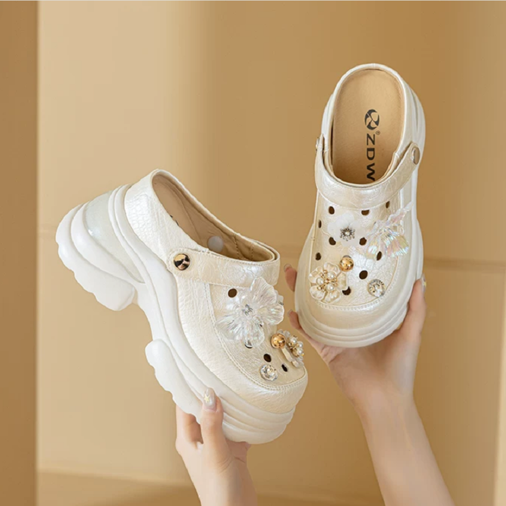 Summer 10 CM Platform Clogs Women 2-Wear Outdoor Cut Out Mules Comfort Slip On Sandals 3D Flower Pear Casual Closed Toe Slides 60615