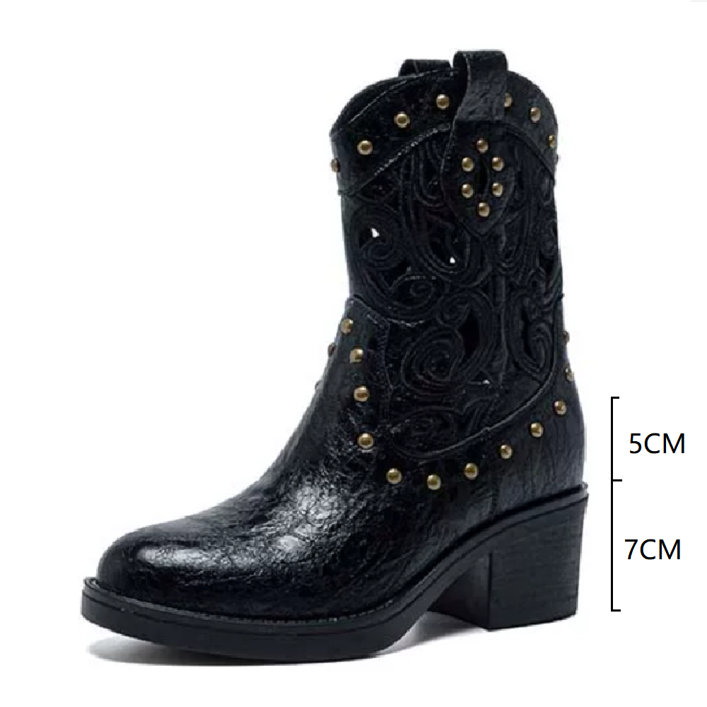 Women's Spring Summer Genuine Leather Cut Out Retro Carved Pointed Toe 12 CM Block Hidden Heel Zipper Rivets V-Cuff Slim Fit Mid-Calf Knight Boots 60615