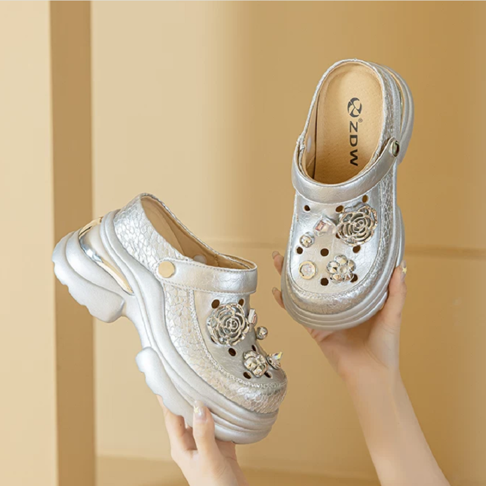 Summer 10 CM Platform Clogs Women 2-Wear Outdoor Cut Out Mules Comfort Slip On Sandals 3D Flower Pear Casual Closed Toe Slides 60615