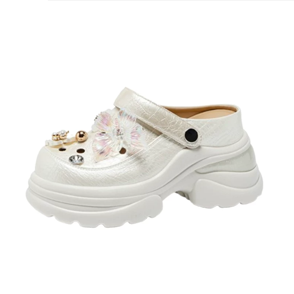Summer 10 CM Platform Clogs Women 2-Wear Outdoor Cut Out Mules Comfort Slip On Sandals 3D Flower Pear Casual Closed Toe Slides 60615