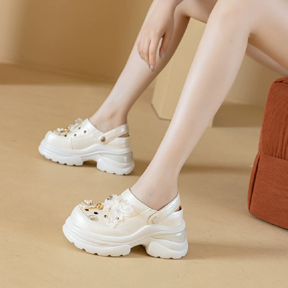 Summer 10 CM Platform Clogs Women 2-Wear Outdoor Cut Out Mules Comfort Slip On Sandals 3D Flower Pear Casual Closed Toe Slides 60615