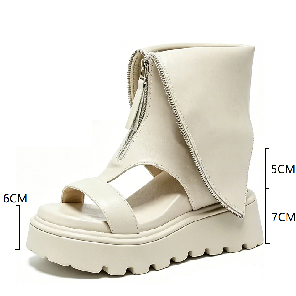 Women's Genuine Leather 12 CM Hidden Wedge Platform Ankle Boots Zipper Open Toe Cuffed  Minimalist Summer Spring Boots 60616