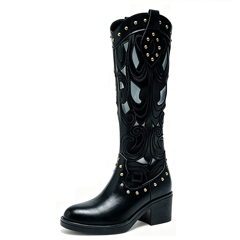 Genuine Leather 12 CM Block Heel Cowboy Boots, Rivets Zipper Cut Out Carved Breathable V Cut Mid Calf Knight Boots Women Spring Autumn Summer 60616