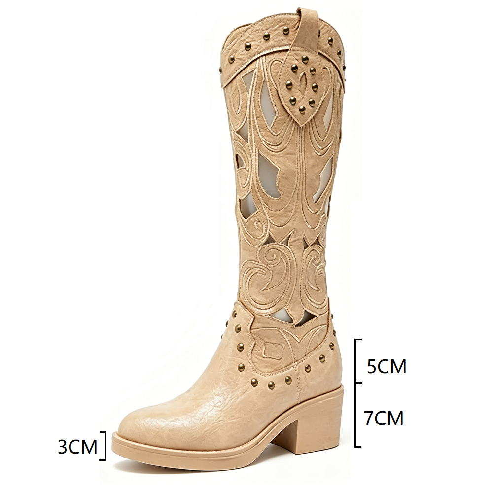 Genuine Leather 12 CM Block Heel Cowboy Boots, Rivets Zipper Cut Out Carved Breathable V Cut Mid Calf Knight Boots Women Spring Autumn Summer 60616