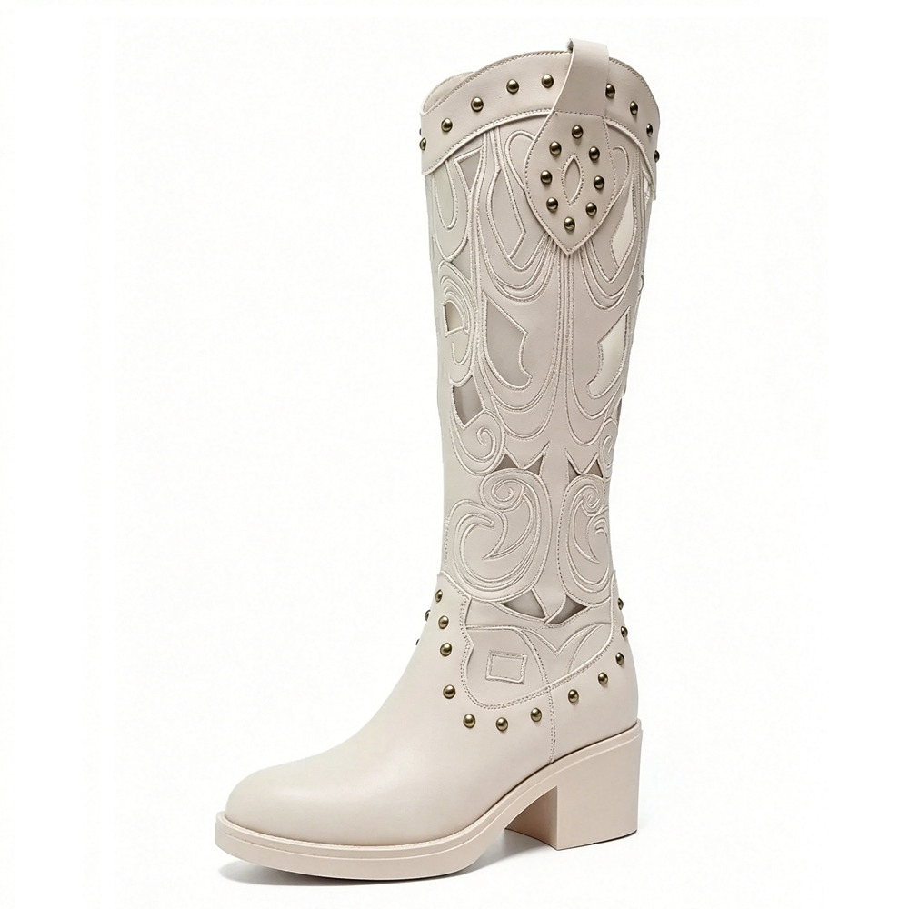 Genuine Leather 12 CM Block Heel Cowboy Boots, Rivets Zipper Cut Out Carved Breathable V Cut Mid Calf Knight Boots Women Spring Autumn Summer 60616