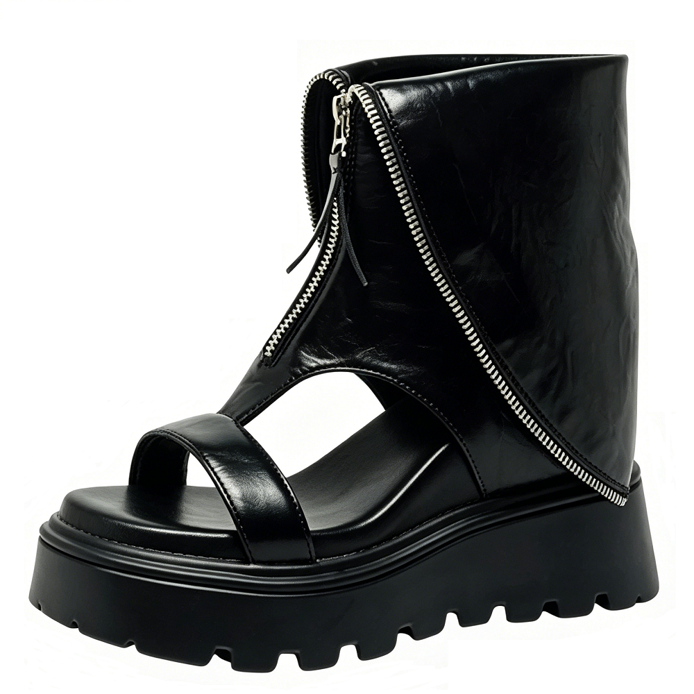 Women's Genuine Leather 12 CM Hidden Wedge Platform Ankle Boots Zipper Open Toe Cuffed  Minimalist Summer Spring Boots 60616