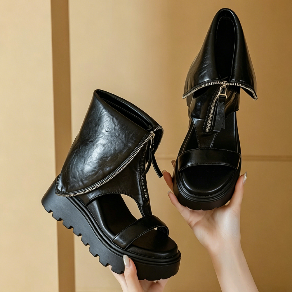 Women's Genuine Leather 12 CM Hidden Wedge Platform Ankle Boots Zipper Open Toe Cuffed  Minimalist Summer Spring Boots 60616