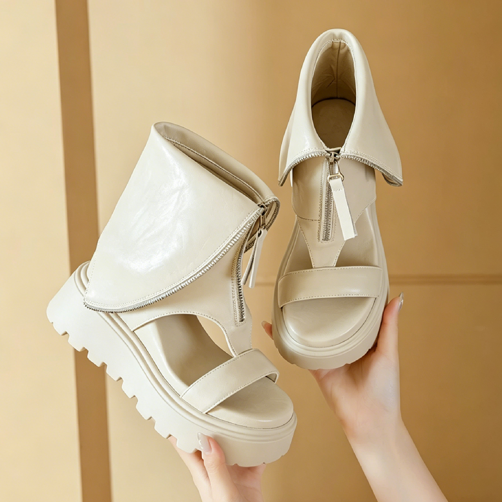 Women's Genuine Leather 12 CM Hidden Wedge Platform Ankle Boots Zipper Open Toe Cuffed  Minimalist Summer Spring Boots 60616