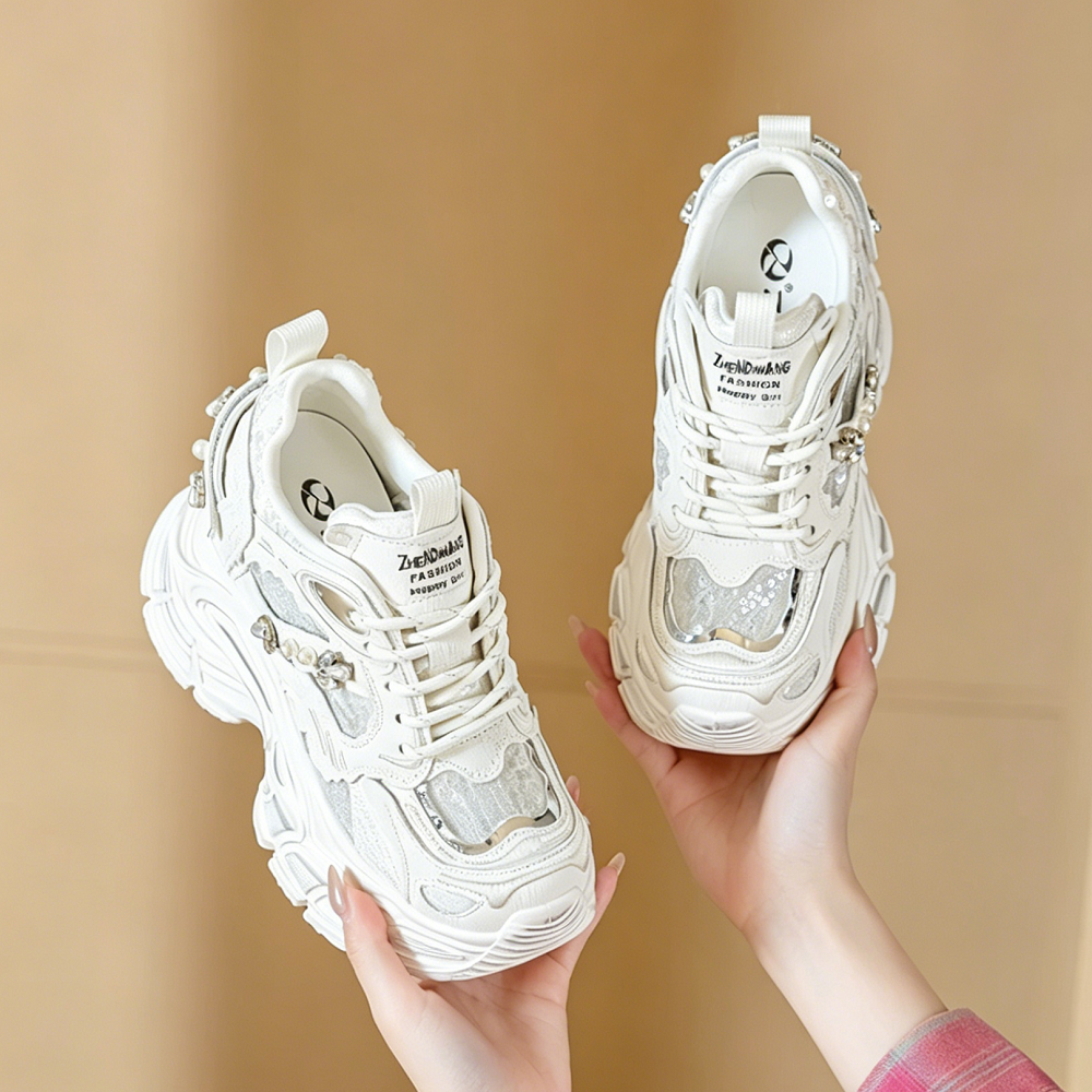 Women Genuine Leather Sequins Mesh Breathable Sneakers 10 CM Platform Hidden Wedge Heels Crystals Spring Summer Shoes 60617