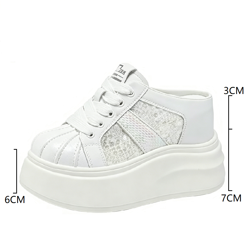 Women Genuine Leather Mesh Sequins Mule Sneakers 10 CM Platform Hidden Wedge Heels Closed Toe Backless Lace Up Slim Fit Casual Daily Shoes 60617