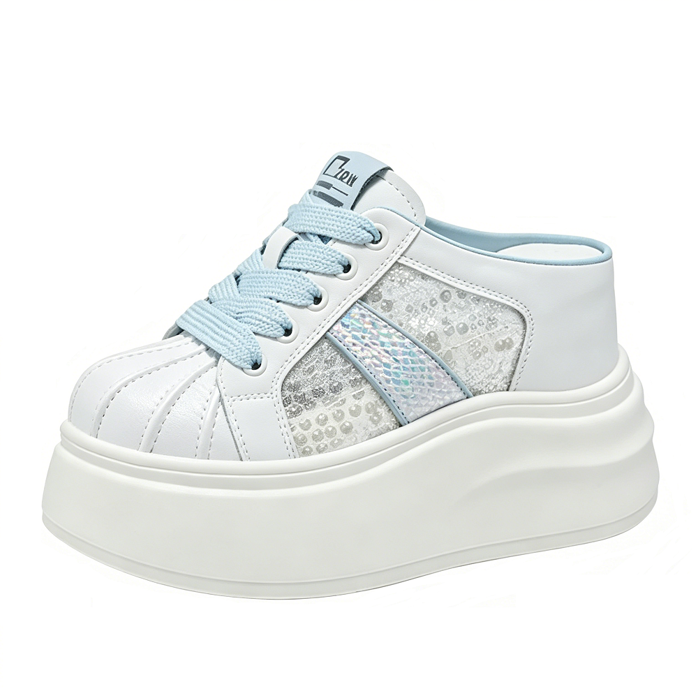 Women Genuine Leather Mesh Sequins Mule Sneakers 10 CM Platform Hidden Wedge Heels Closed Toe Backless Lace Up Slim Fit Casual Daily Shoes 60617