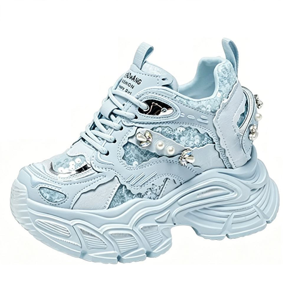 Women Genuine Leather Sequins Mesh Breathable Sneakers 10 CM Platform Hidden Wedge Heels Crystals Spring Summer Shoes 60617