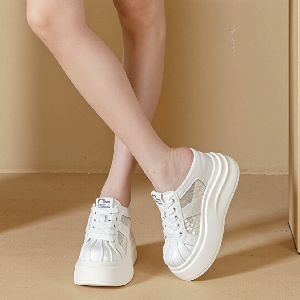 Women Genuine Leather Mesh Sequins Mule Sneakers 10 CM Platform Hidden Wedge Heels Closed Toe Backless Lace Up Slim Fit Casual Daily Shoes 60617