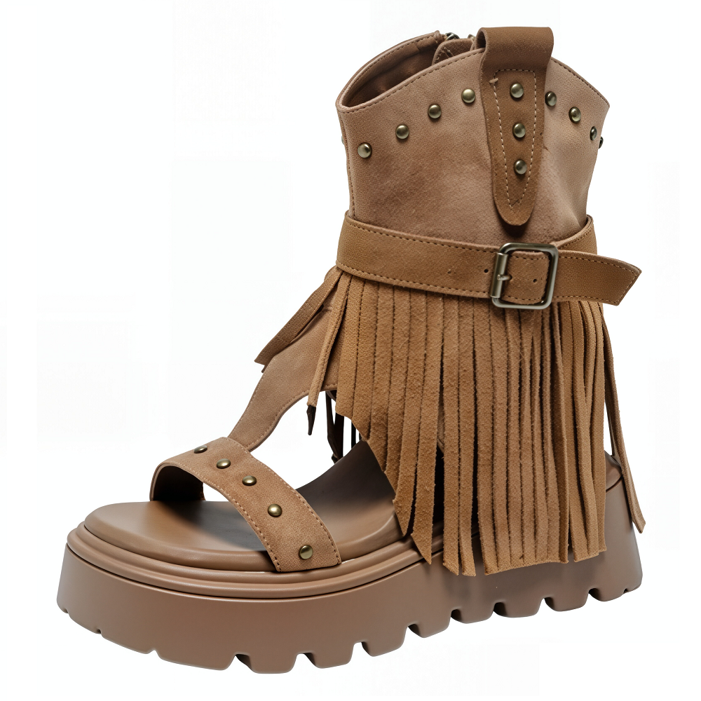 Genuine Leather Western Cowboy Fringe Ankle Boots Women 10 CM Platform Hidden Heel Open Toe Cut Out Rivets Buckle Side Zipper Retro Gladiator Knight Sandal Boots Spring Summer 60618