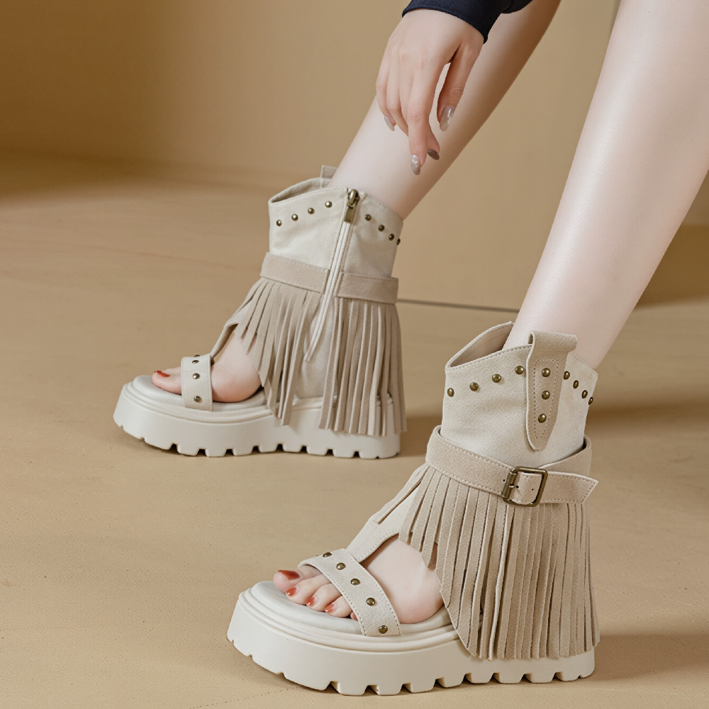 Genuine Leather Western Cowboy Fringe Ankle Boots Women 10 CM Platform Hidden Heel Open Toe Cut Out Rivets Buckle Side Zipper Retro Gladiator Knight Sandal Boots Spring Summer 60618