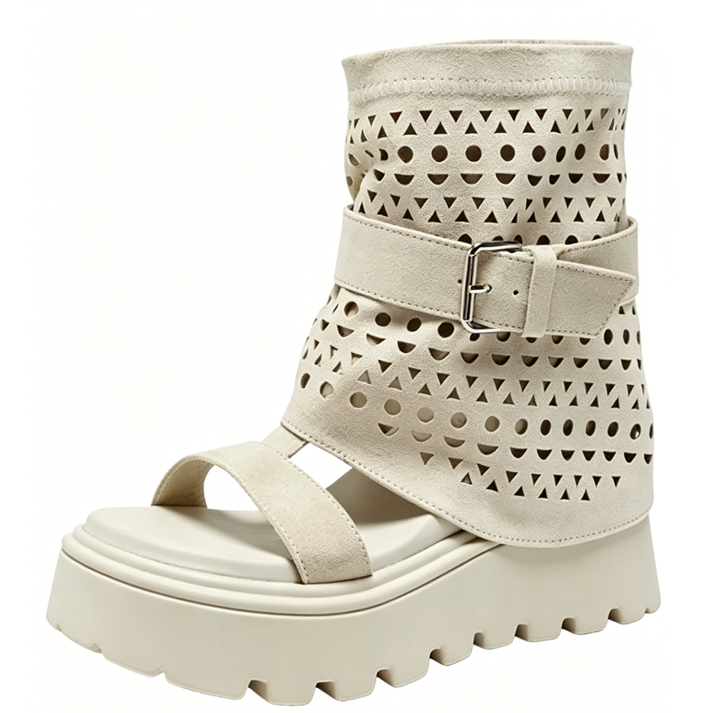 Women Genuine Leather Open Toe Cut Out 12 CM Hidden Wedge Platform Belt Buckle Gladiator Zipper Knight Tube Ankle Booties Spring Summer 60619