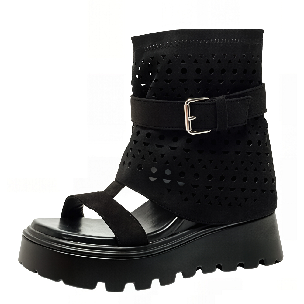 Women Genuine Leather Open Toe Cut Out 12 CM Hidden Wedge Platform Belt Buckle Gladiator Zipper Knight Tube Ankle Booties Spring Summer 60619