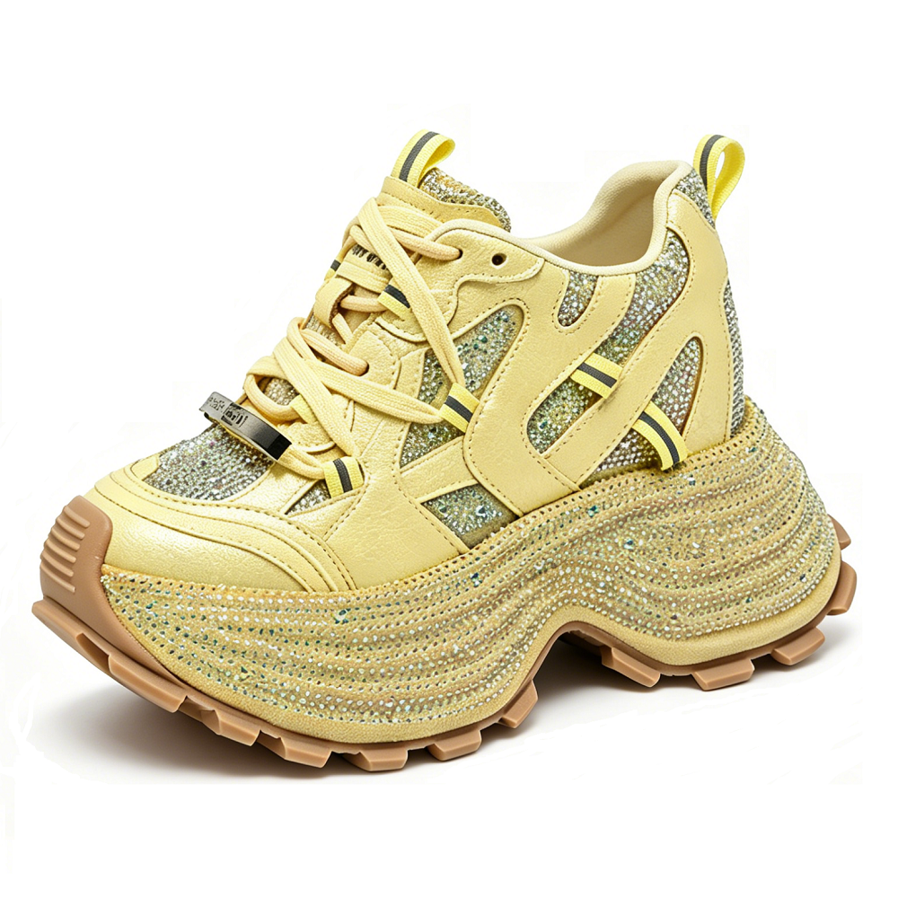 Women Summer Spring Genuine Leather Crystals Sneakers 10 CM Platform Hidden Heel Wedge Slim Fit Lace Up Casual Daily Shoes 60620