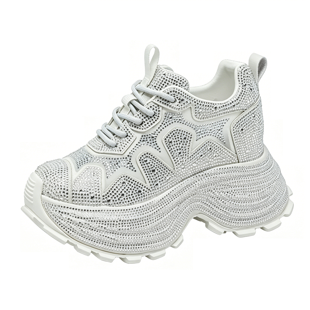 Women Spring Summer Breathable Mesh Crystals Sneakers 10 CM Hidden Heel Platform Shoes Lace Up Slim Fit Casual Daily Shoes 60620