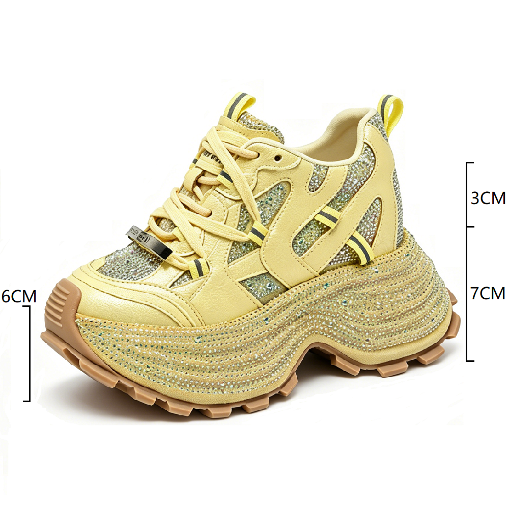 Women Summer Spring Genuine Leather Crystals Sneakers 10 CM Platform Hidden Heel Wedge Slim Fit Lace Up Casual Daily Shoes 60620