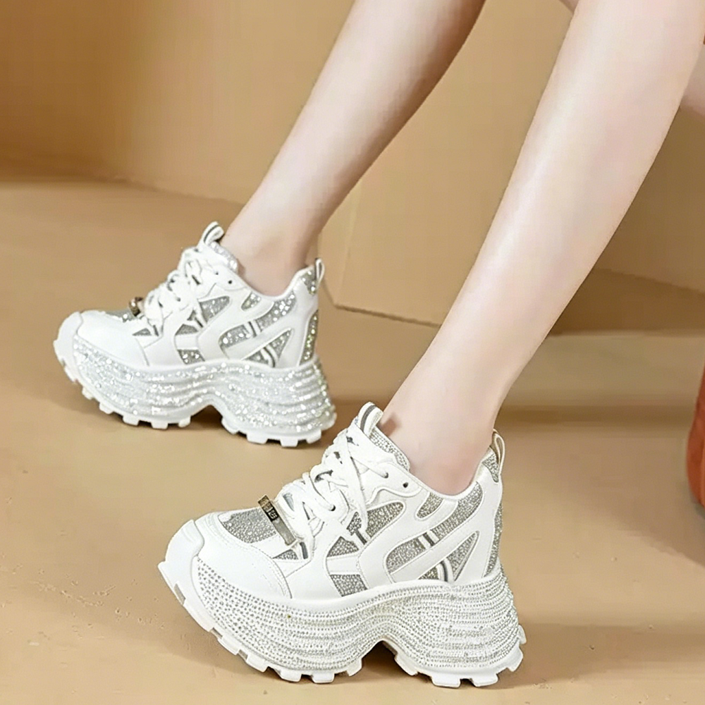 Women Summer Spring Genuine Leather Crystals Sneakers 10 CM Platform Hidden Heel Wedge Slim Fit Lace Up Casual Daily Shoes 60620