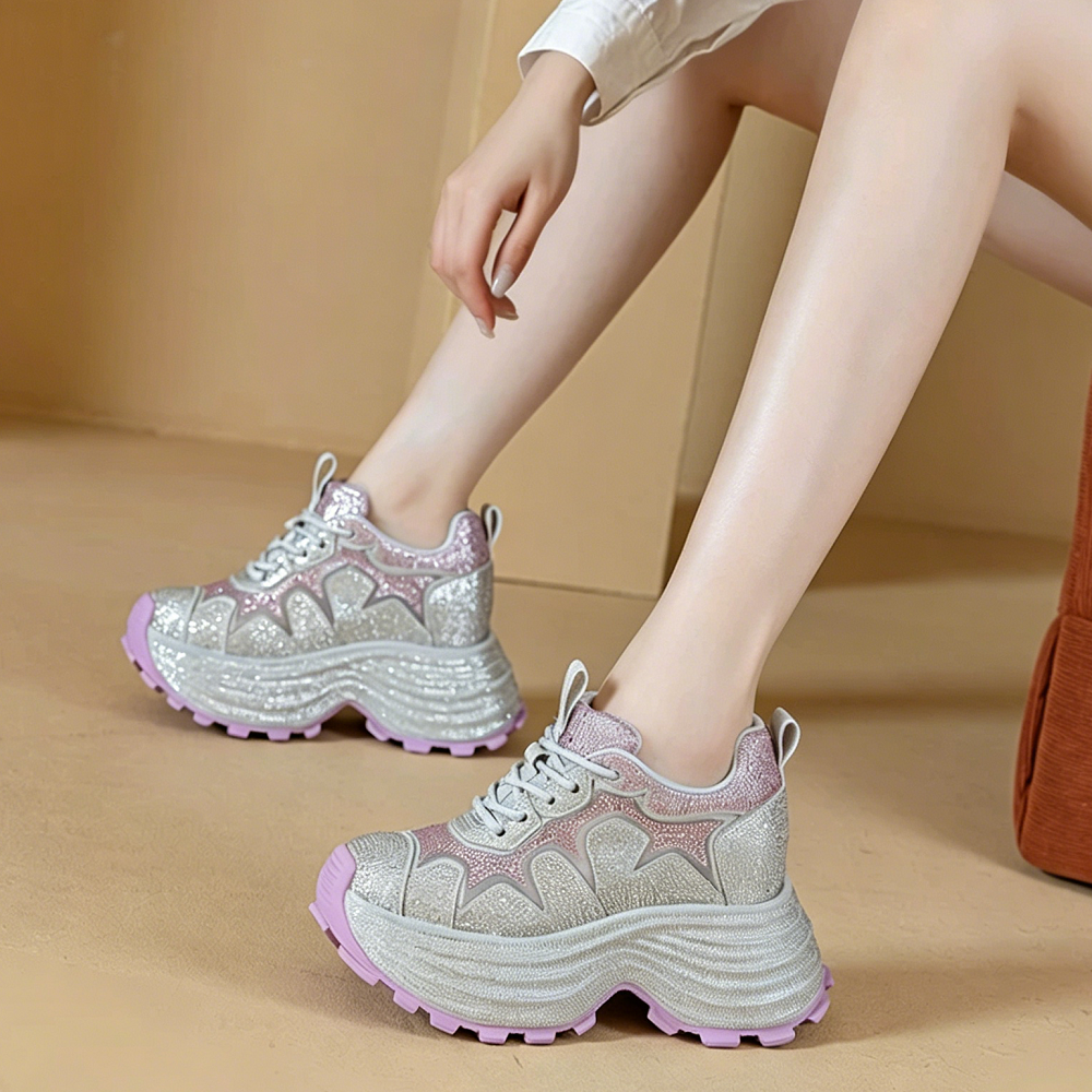 Women Spring Summer Breathable Mesh Crystals Sneakers 10 CM Hidden Heel Platform Shoes Lace Up Slim Fit Casual Daily Shoes 60620