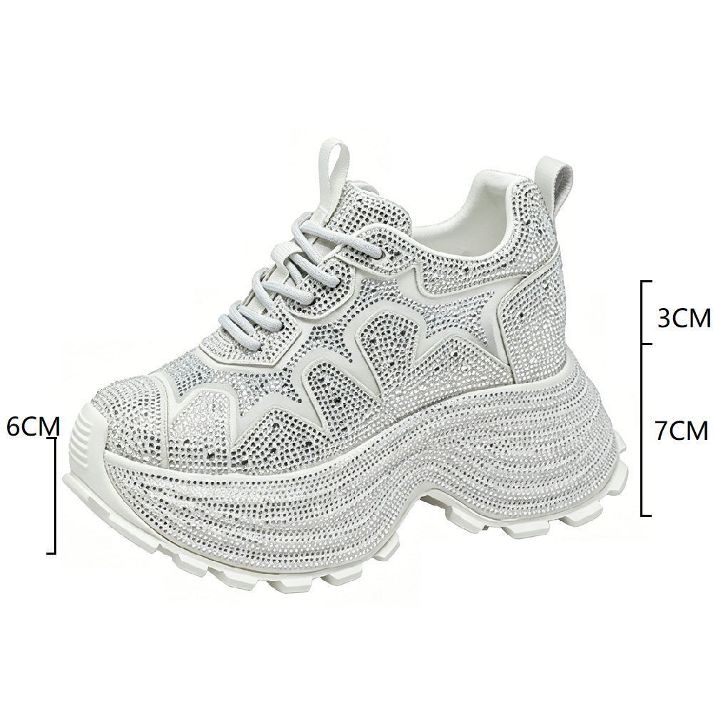 Women Spring Summer Breathable Mesh Crystals Sneakers 10 CM Hidden Heel Platform Shoes Lace Up Slim Fit Casual Daily Shoes 60620