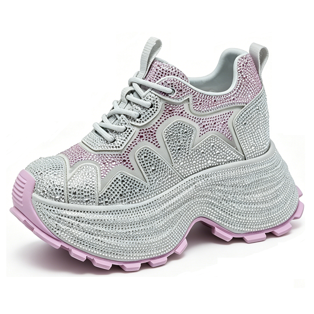 Women Spring Summer Breathable Mesh Crystals Sneakers 10 CM Hidden Heel Platform Shoes Lace Up Slim Fit Casual Daily Shoes 60620