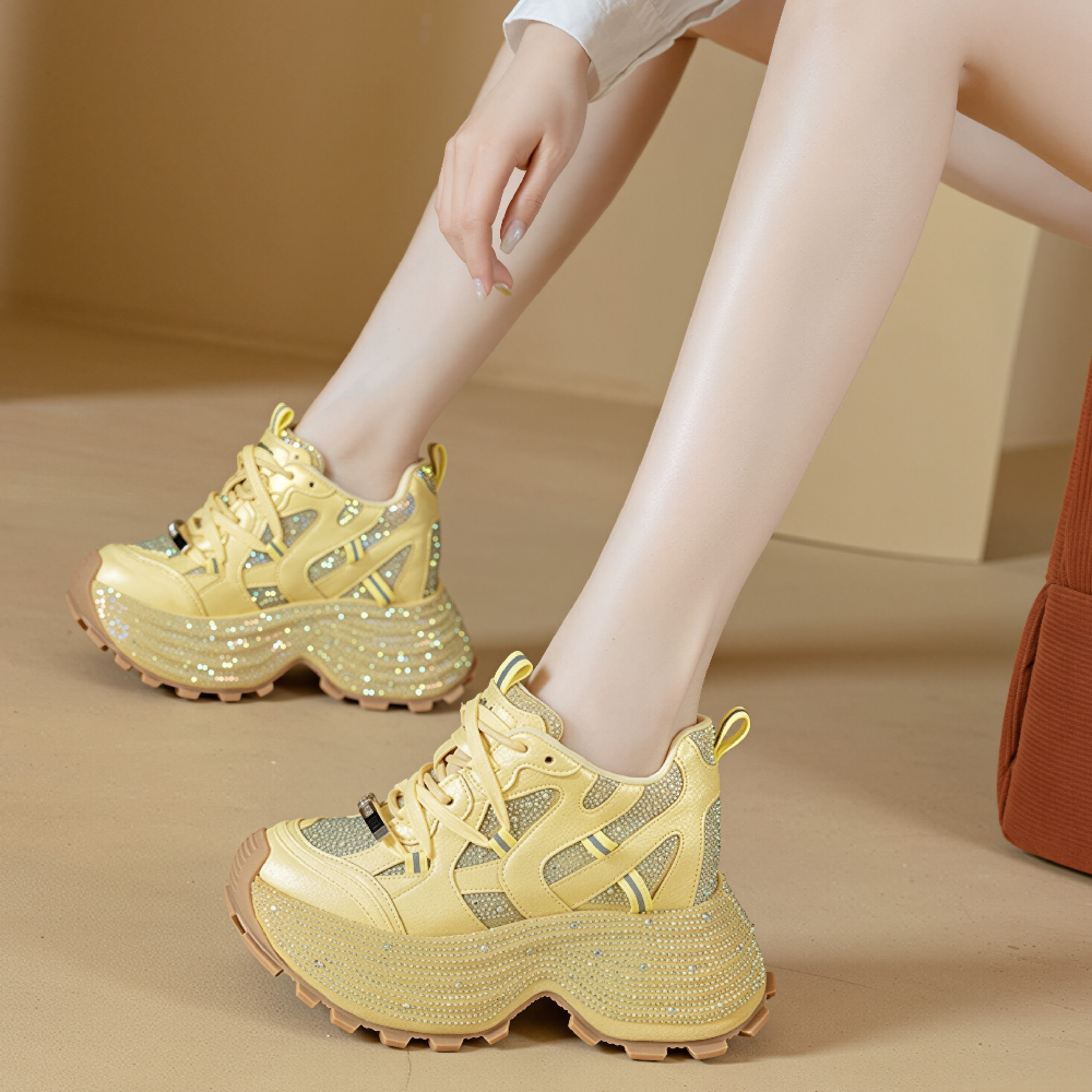 Women Summer Spring Genuine Leather Crystals Sneakers 10 CM Platform Hidden Heel Wedge Slim Fit Lace Up Casual Daily Shoes 60620