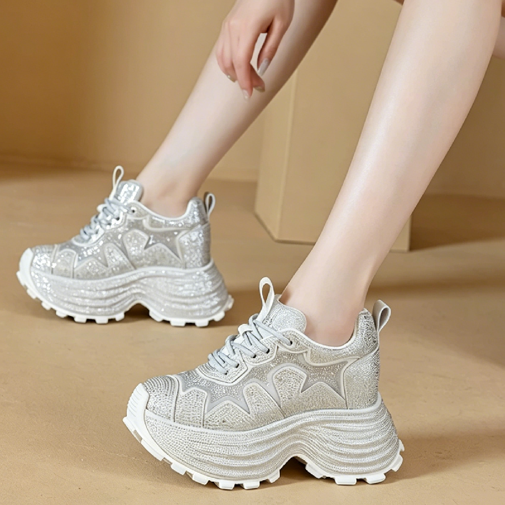 Women Spring Summer Breathable Mesh Crystals Sneakers 10 CM Hidden Heel Platform Shoes Lace Up Slim Fit Casual Daily Shoes 60620