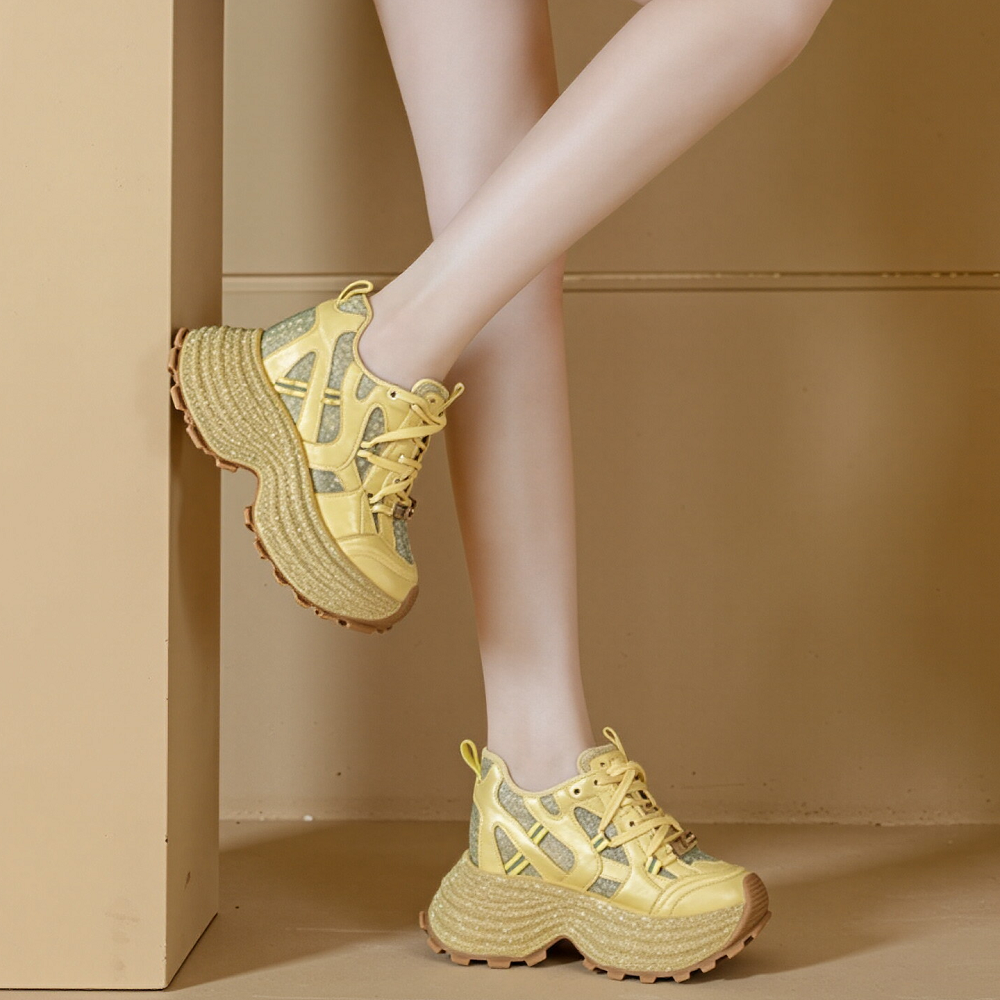 Women Summer Spring Genuine Leather Crystals Sneakers 10 CM Platform Hidden Heel Wedge Slim Fit Lace Up Casual Daily Shoes 60620