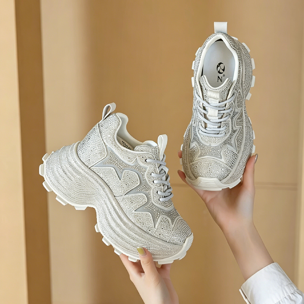 Women Spring Summer Breathable Mesh Crystals Sneakers 10 CM Hidden Heel Platform Shoes Lace Up Slim Fit Casual Daily Shoes 60620