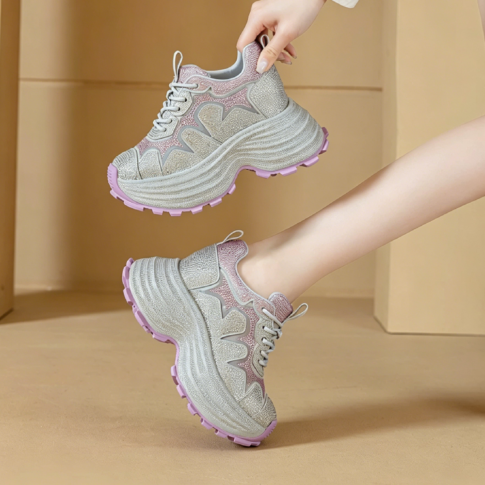Women Spring Summer Breathable Mesh Crystals Sneakers 10 CM Hidden Heel Platform Shoes Lace Up Slim Fit Casual Daily Shoes 60620