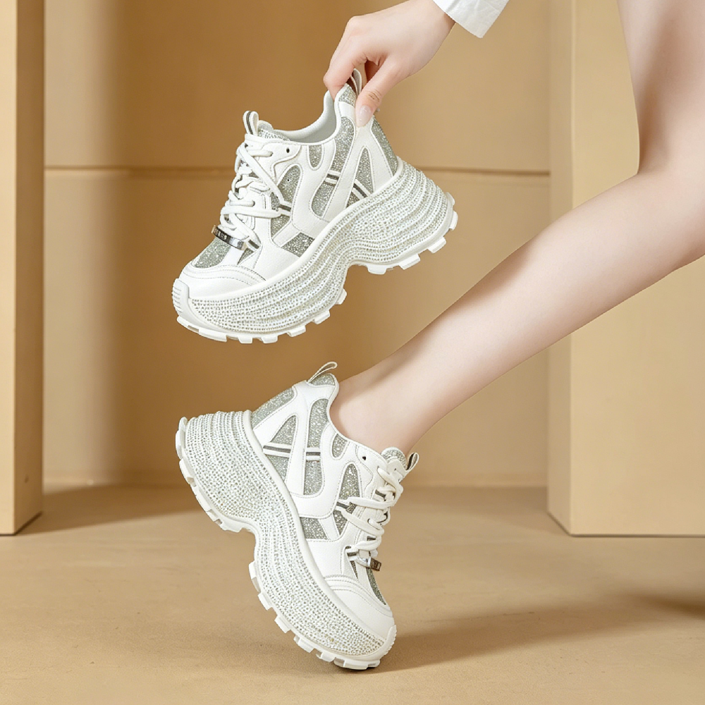 Women Summer Spring Genuine Leather Crystals Sneakers 10 CM Platform Hidden Heel Wedge Slim Fit Lace Up Casual Daily Shoes 60620