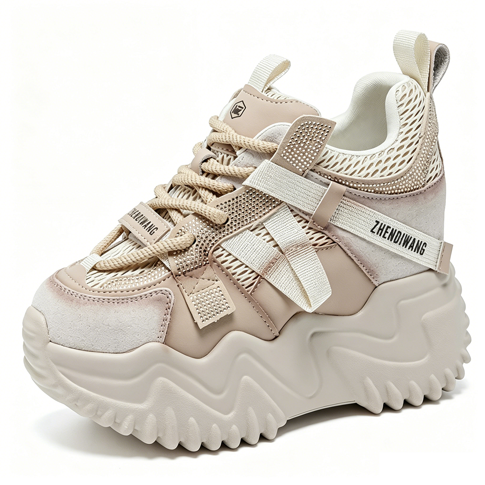 Women Genuine Leather Mesh Crystals Lace-Up Platform Sneakers 9 CM Hidden Wedge Heel Color Block Slim Casual Shoes Spring Summer 60621