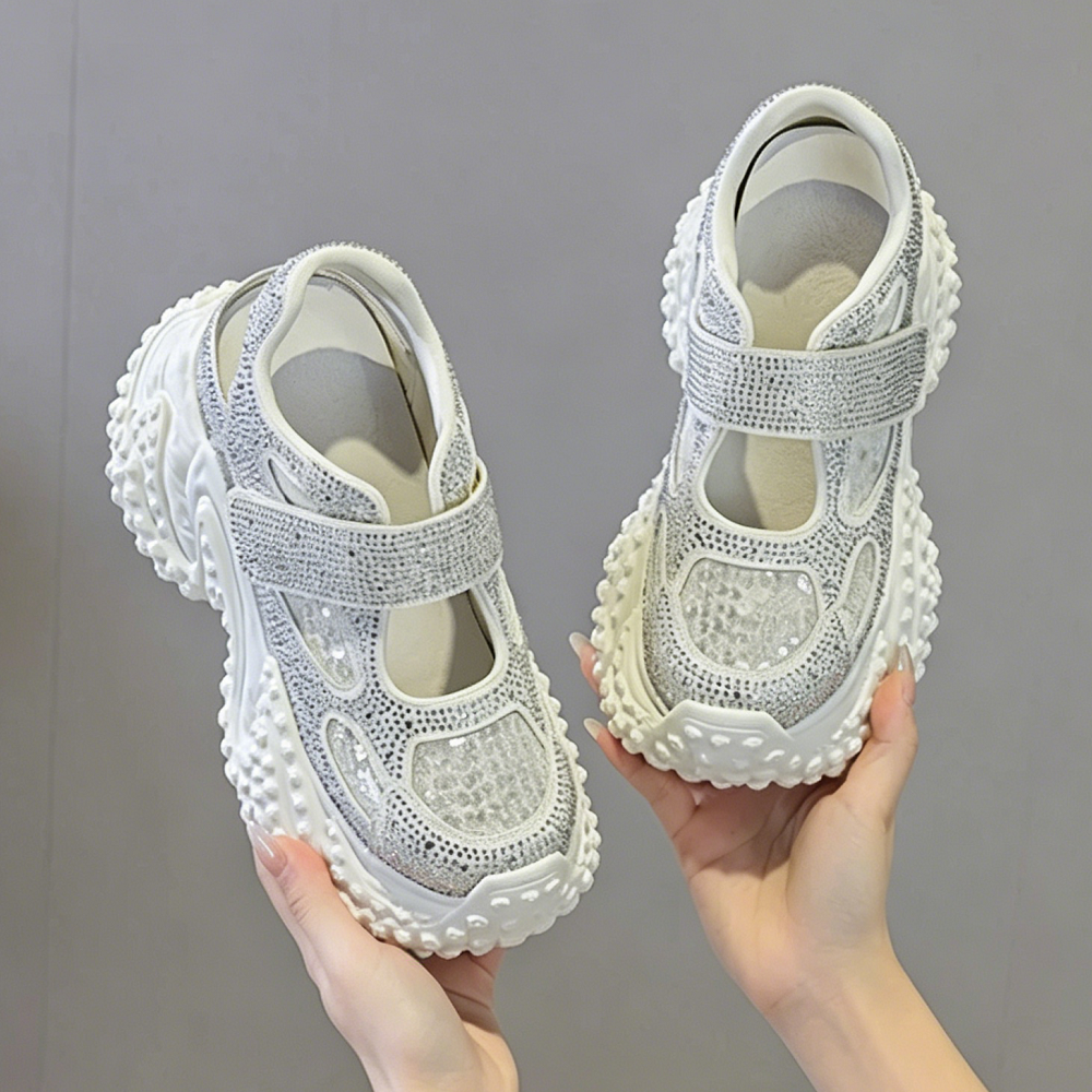 Women Crystals Mesh Mary Jane 10 CM Platform Hidden Wedge Heel Sequins Open Back Hook & Loop Fashion Casual Chunky Sneaker Sandals 60621