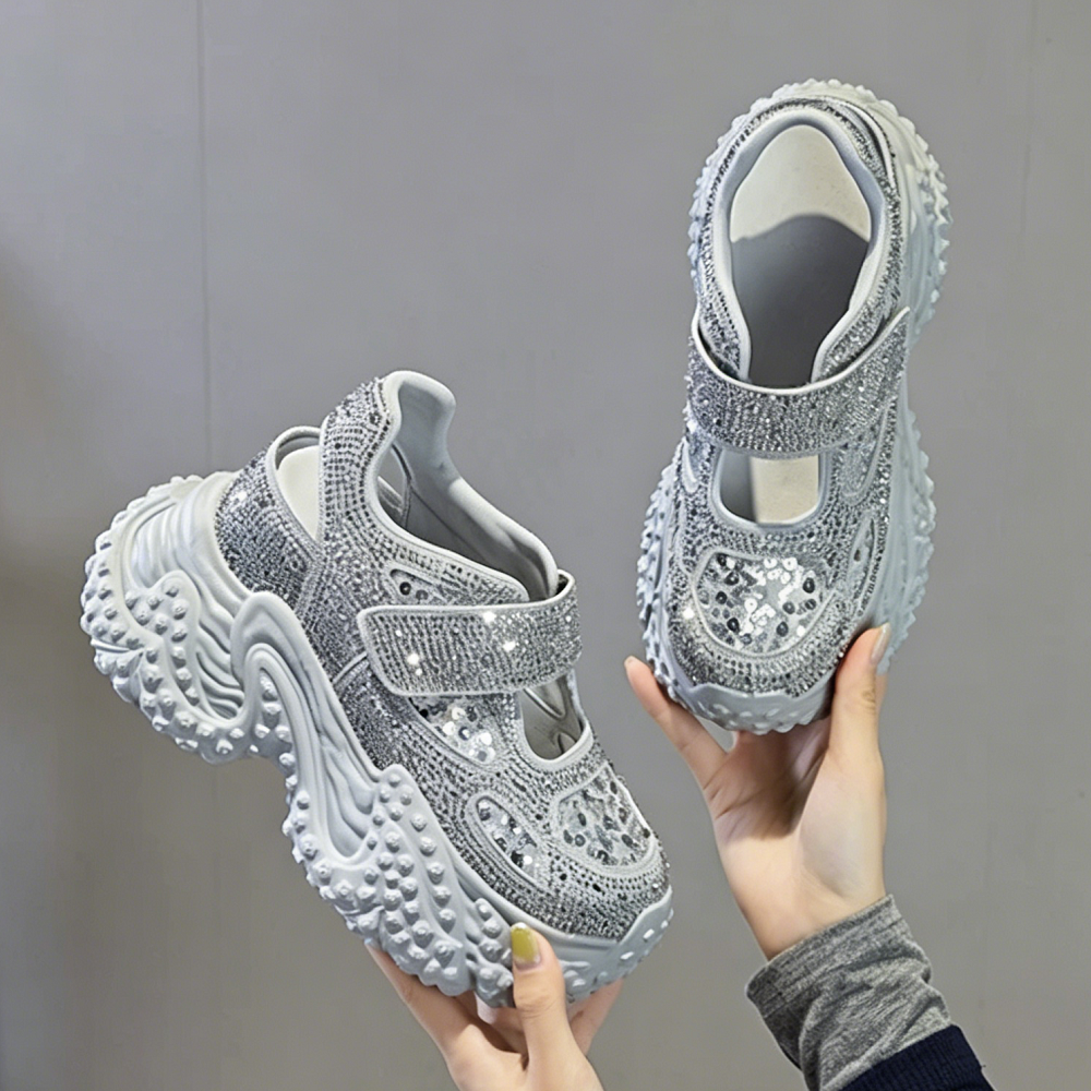 Women Crystals Mesh Mary Jane 10 CM Platform Hidden Wedge Heel Sequins Open Back Hook & Loop Fashion Casual Chunky Sneaker Sandals 60621