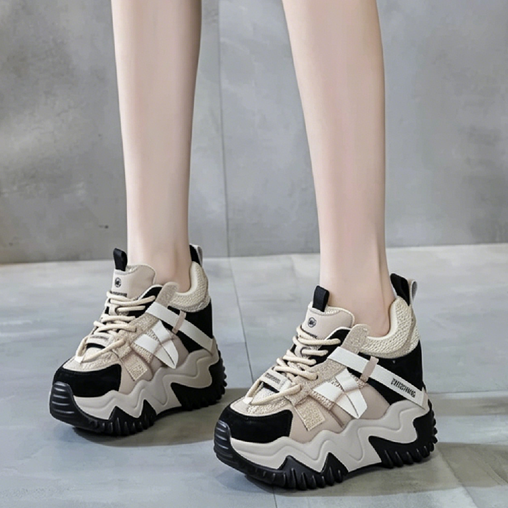 Women Genuine Leather Mesh Crystals Lace-Up Platform Sneakers 9 CM Hidden Wedge Heel Color Block Slim Casual Shoes Spring Summer 60621