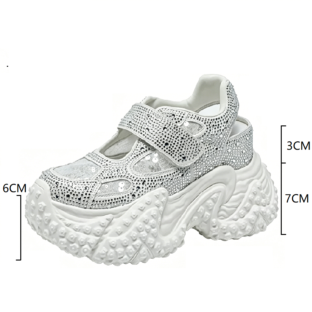 Women Crystals Mesh Mary Jane 10 CM Platform Hidden Wedge Heel Sequins Open Back Hook & Loop Fashion Casual Chunky Sneaker Sandals 60621