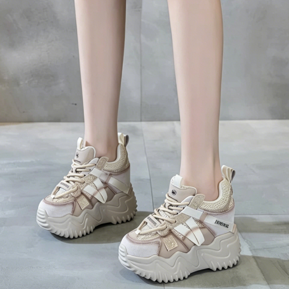Women Genuine Leather Mesh Crystals Lace-Up Platform Sneakers 9 CM Hidden Wedge Heel Color Block Slim Casual Shoes Spring Summer 60621
