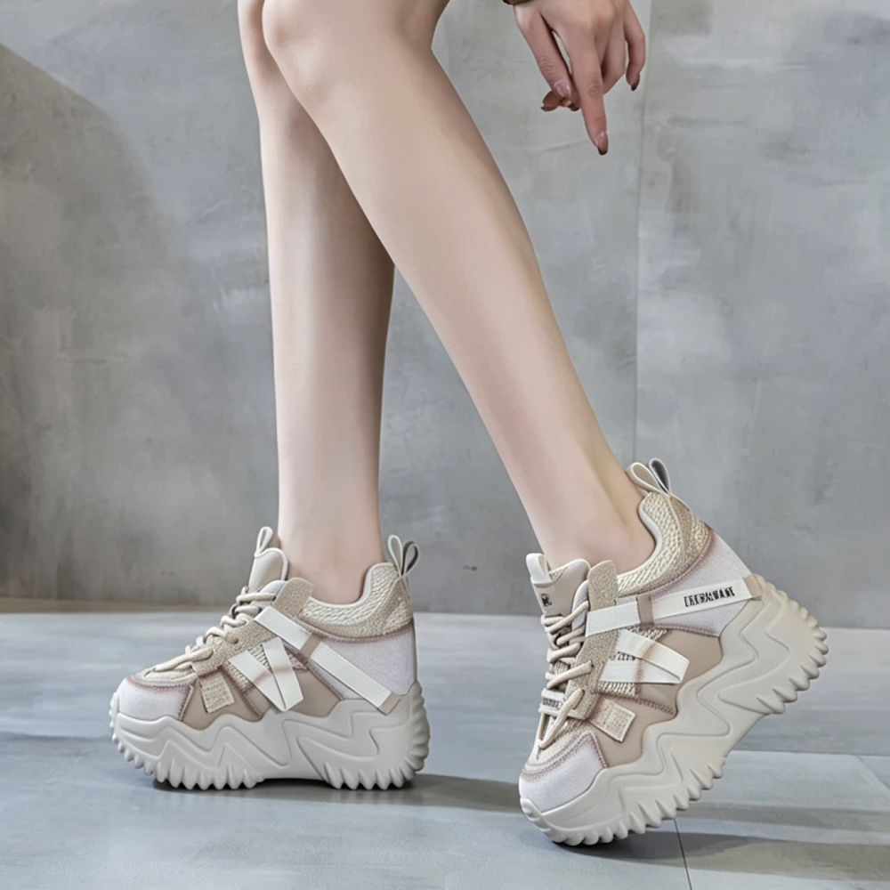 Women Genuine Leather Mesh Crystals Lace-Up Platform Sneakers 9 CM Hidden Wedge Heel Color Block Slim Casual Shoes Spring Summer 60621