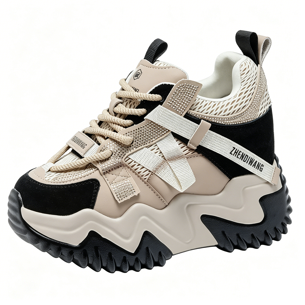Women Genuine Leather Mesh Crystals Lace-Up Platform Sneakers 9 CM Hidden Wedge Heel Color Block Slim Casual Shoes Spring Summer 60621