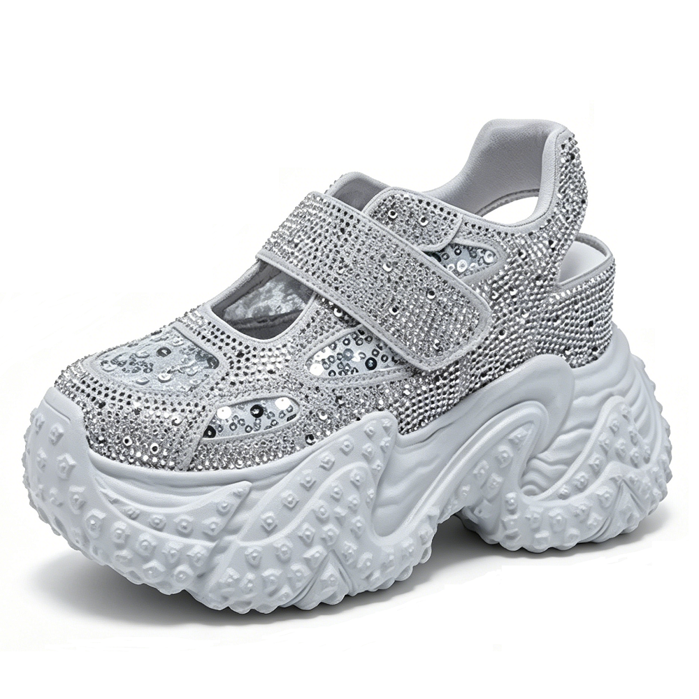 Women Crystals Mesh Mary Jane 10 CM Platform Hidden Wedge Heel Sequins Open Back Hook & Loop Fashion Casual Chunky Sneaker Sandals 60621