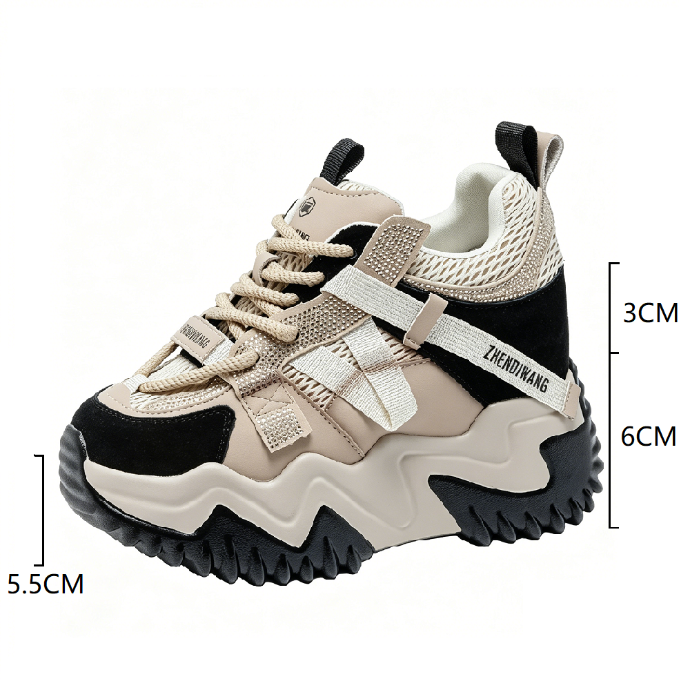 Women Genuine Leather Mesh Crystals Lace-Up Platform Sneakers 9 CM Hidden Wedge Heel Color Block Slim Casual Shoes Spring Summer 60621