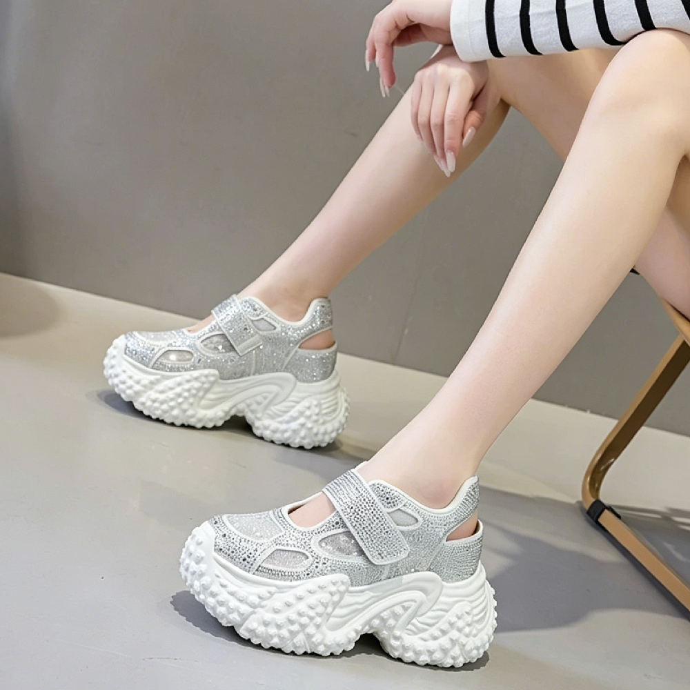 Women Crystals Mesh Mary Jane 10 CM Platform Hidden Wedge Heel Sequins Open Back Hook & Loop Fashion Casual Chunky Sneaker Sandals 60621