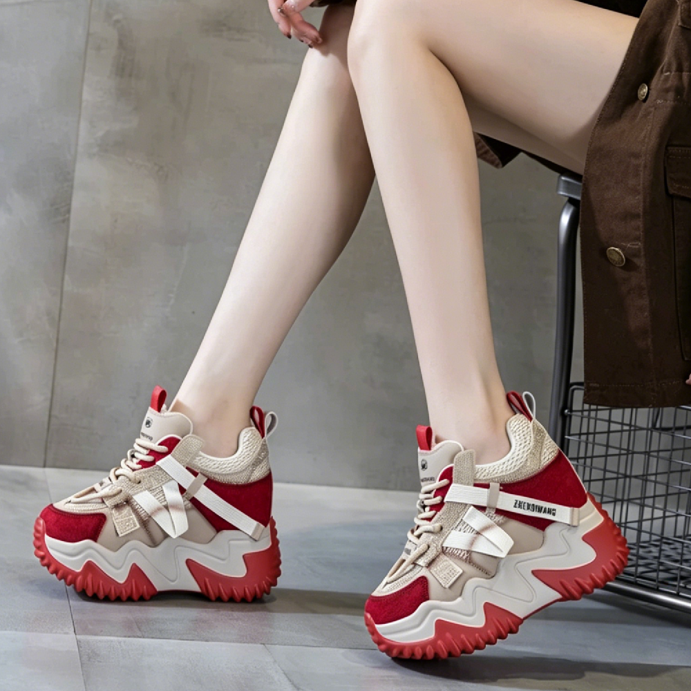 Women Genuine Leather Mesh Crystals Lace-Up Platform Sneakers 9 CM Hidden Wedge Heel Color Block Slim Casual Shoes Spring Summer 60621