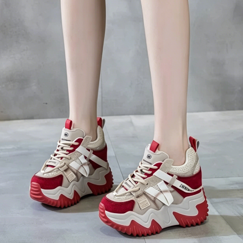 Women Genuine Leather Mesh Crystals Lace-Up Platform Sneakers 9 CM Hidden Wedge Heel Color Block Slim Casual Shoes Spring Summer 60621